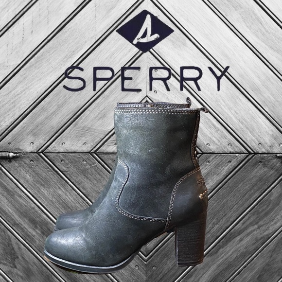 Sperry Black Leather Heeled Zippered Boots size 8 chunky heel Like new - Picture 2 of 9